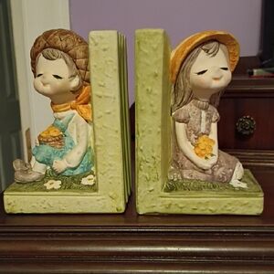 Vintage-Inspired Green Girl & Boy Ceramic Bookends